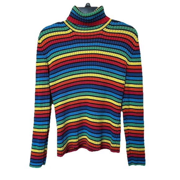 Tommy Hilfiger Sweaters - VTG Tommy Hilfiger Rainbow Striped Sweater Women’s Lg Turtleneck Cotton Kidcore